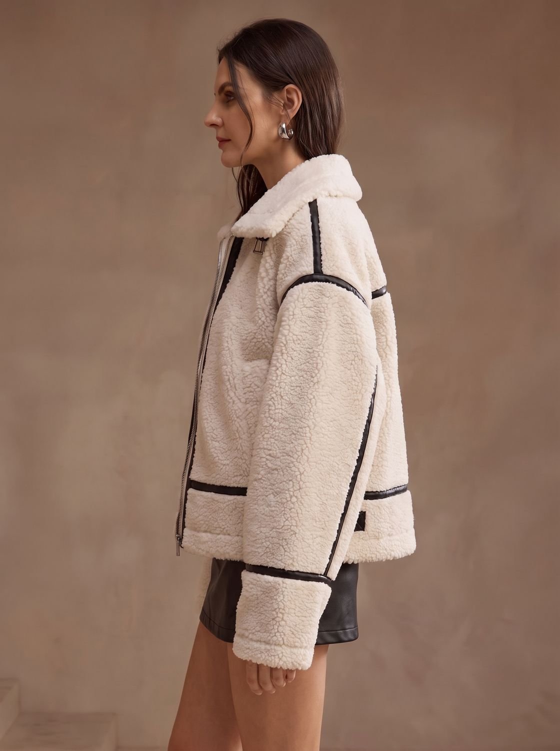 Florence | Women's Oversized Sherpa Teddy Jacket Contrast Trim Zip-Up