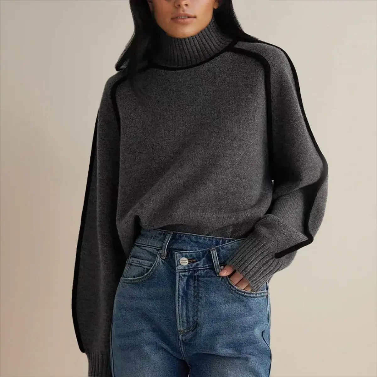 Women's Oversized Turtleneck Contrast Stripe Knit Sweater