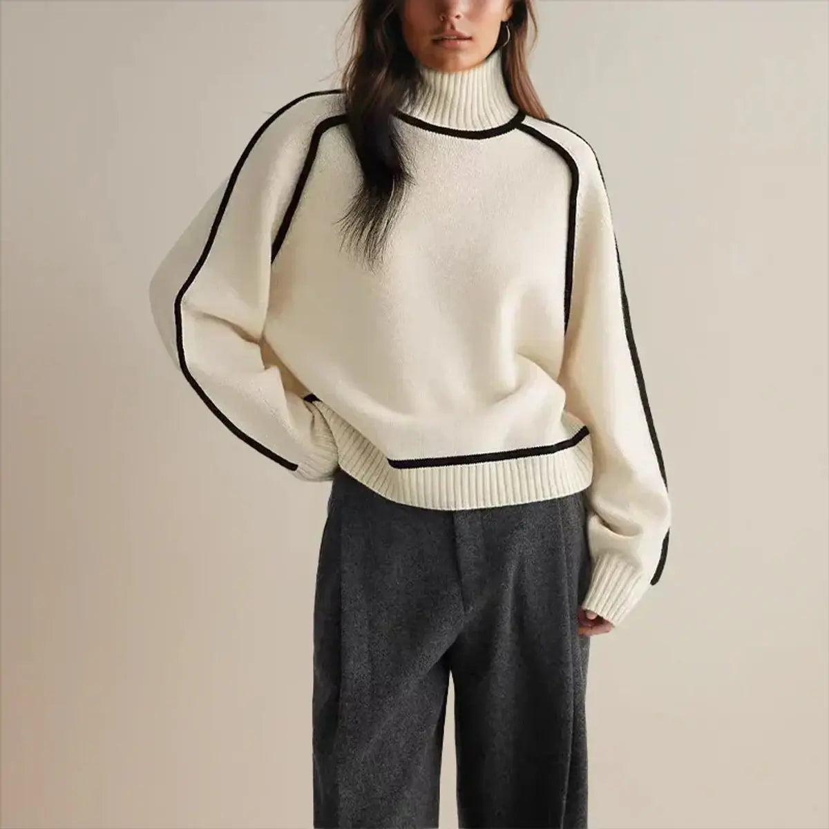 Women's Oversized Turtleneck Contrast Stripe Knit Sweater