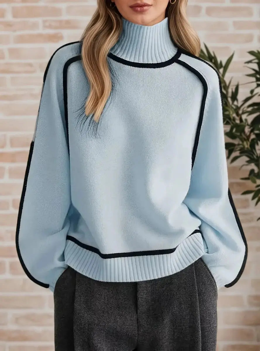 Women's Oversized Turtleneck Contrast Stripe Knit Sweater