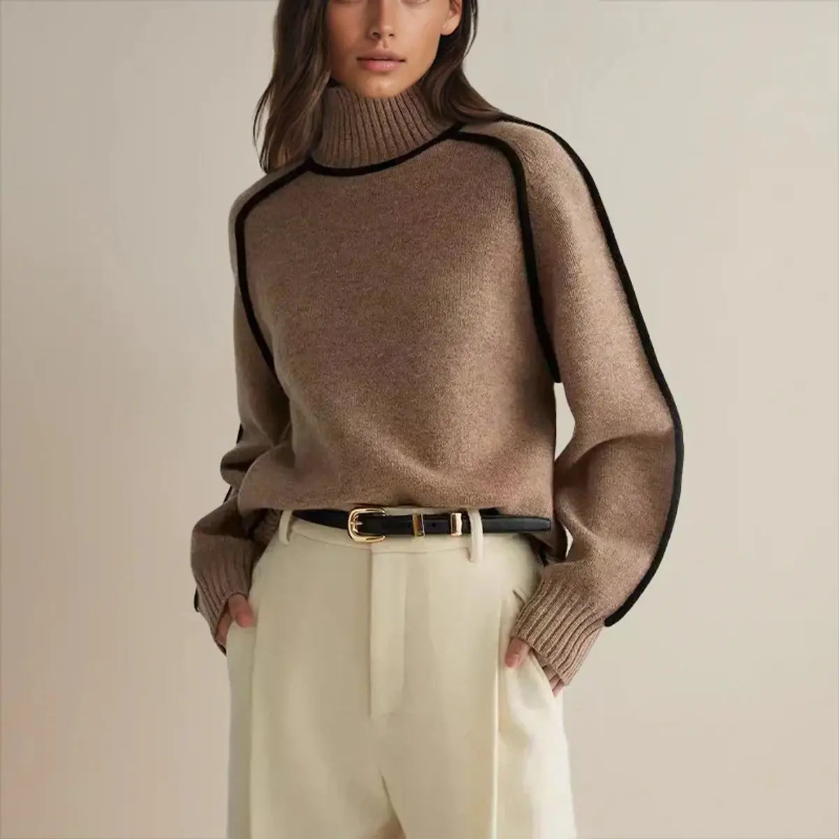 Women's Oversized Turtleneck Contrast Stripe Knit Sweater