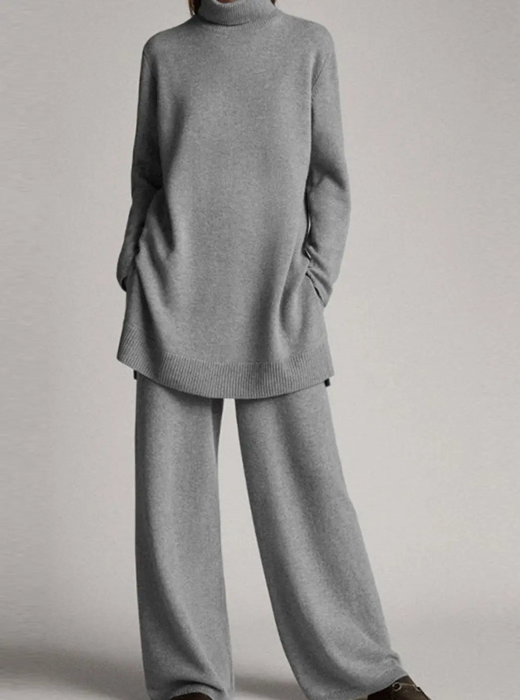 Women's Oversized Turtleneck Knit Lounge Set Wide-Leg Trousers