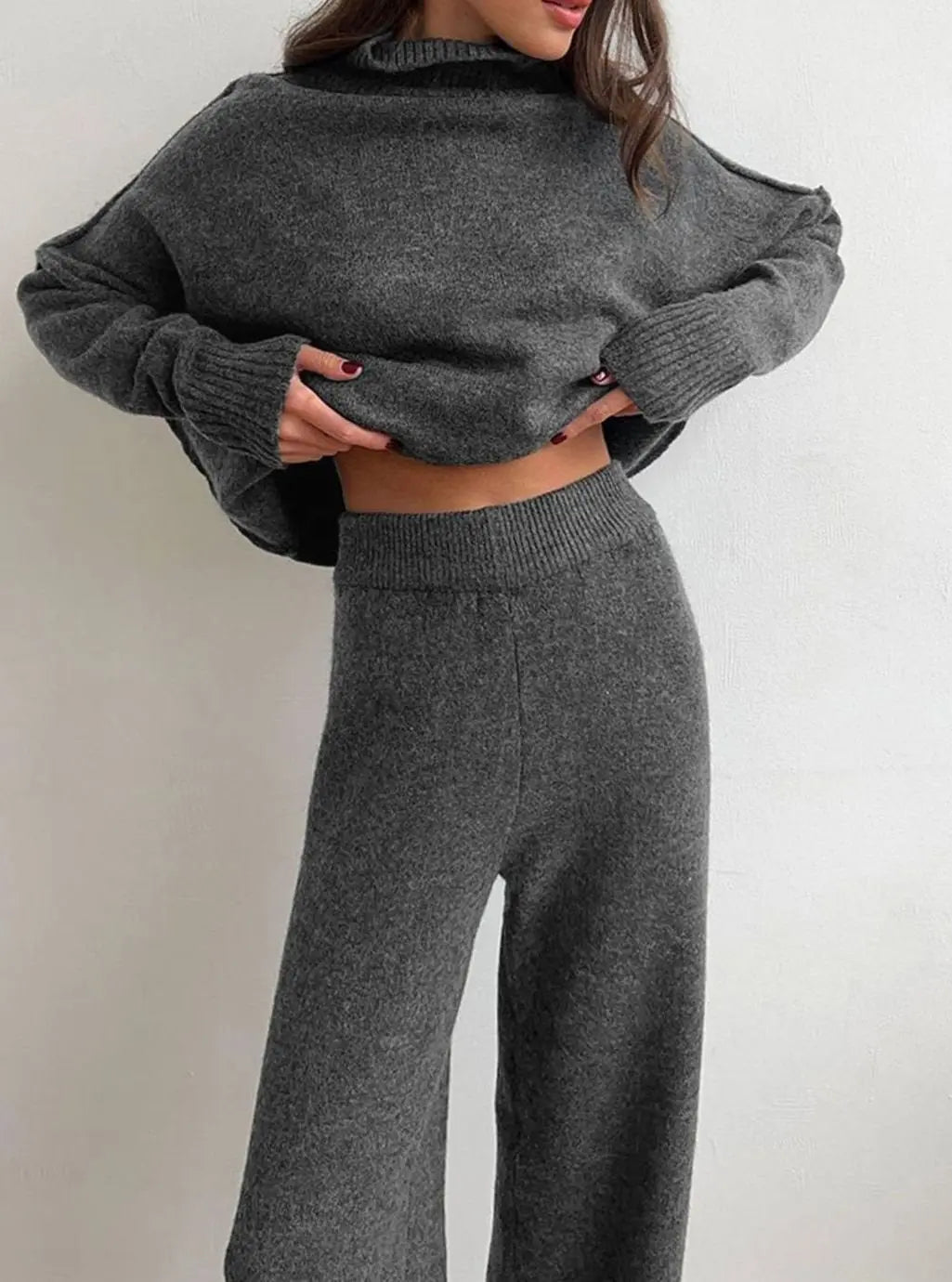 Women's Oversized Turtleneck Knit Wide-Leg Lounge Set