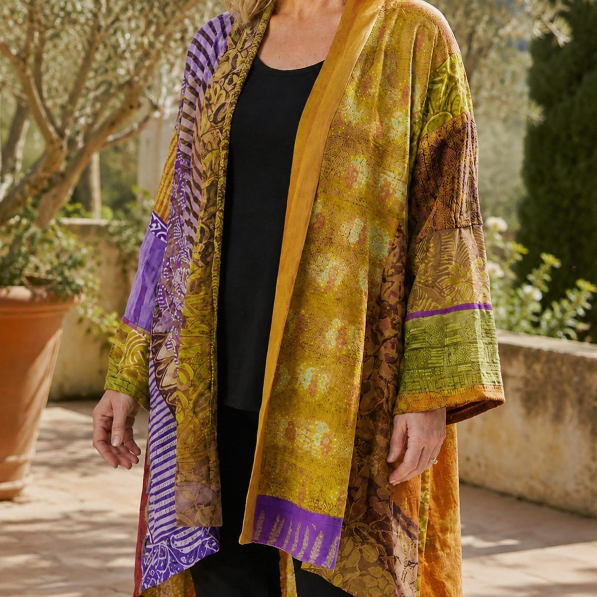 Women's Patchwork Open-Front Longline Cardigan Wide Sleeves