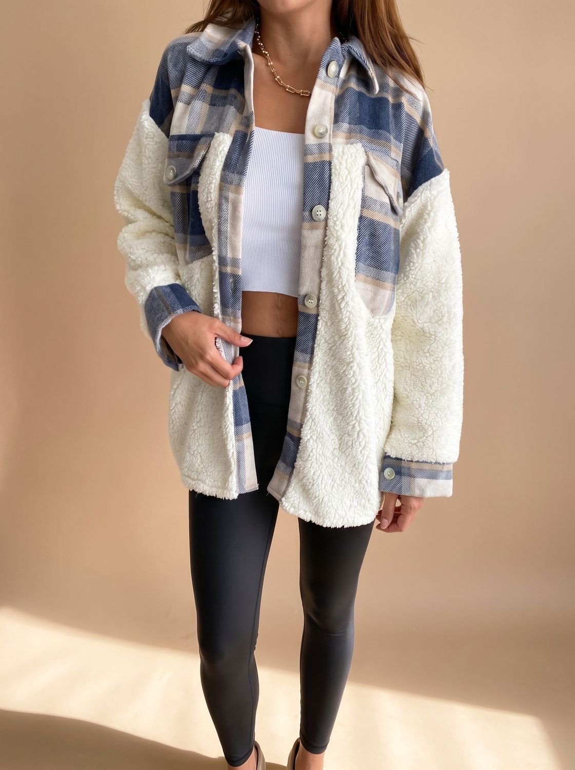 Sophie | Women's Plaid Sherpa Fleece Button-Up Shacket