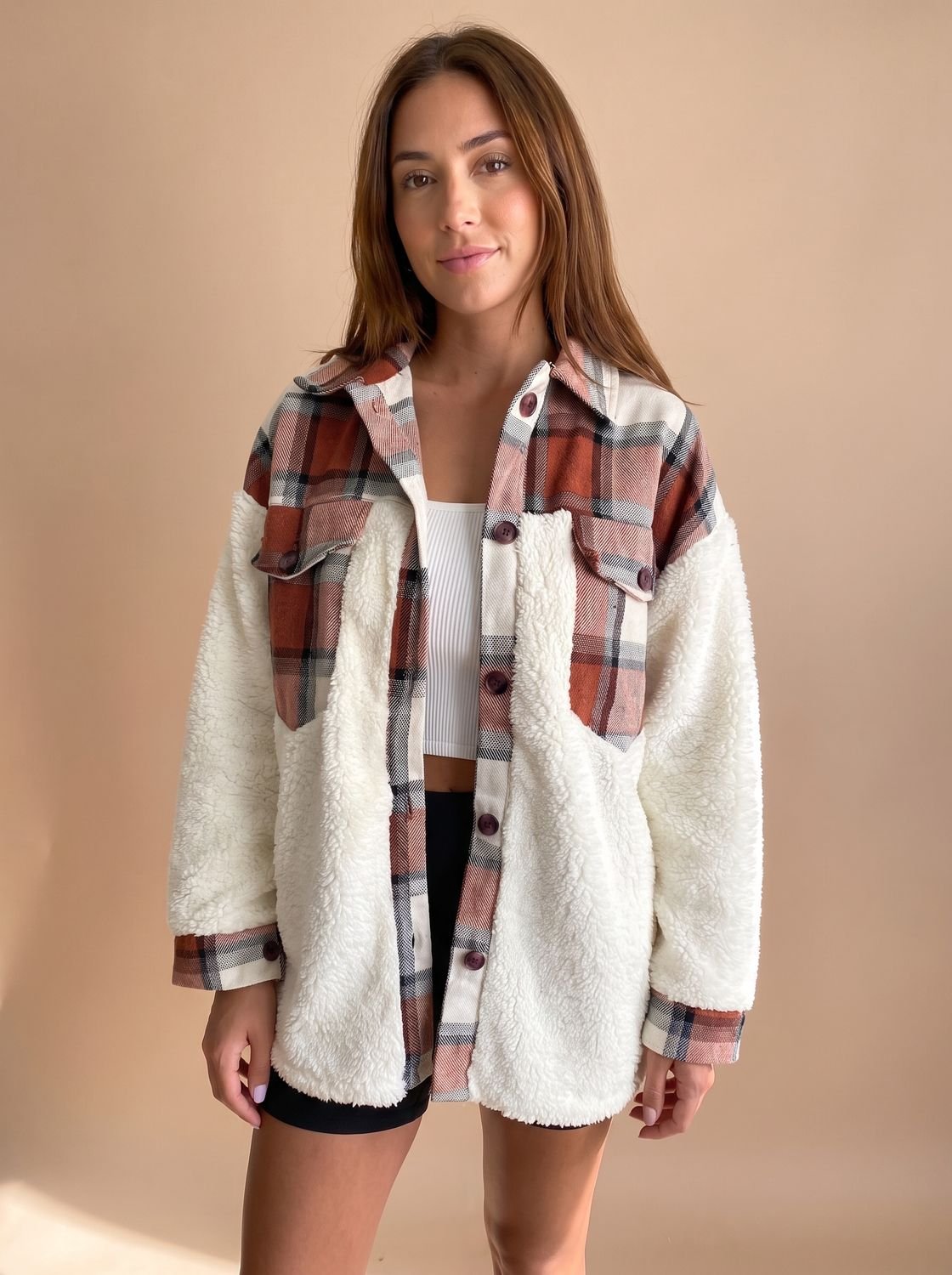 Sophie | Women's Plaid Sherpa Fleece Button-Up Shacket