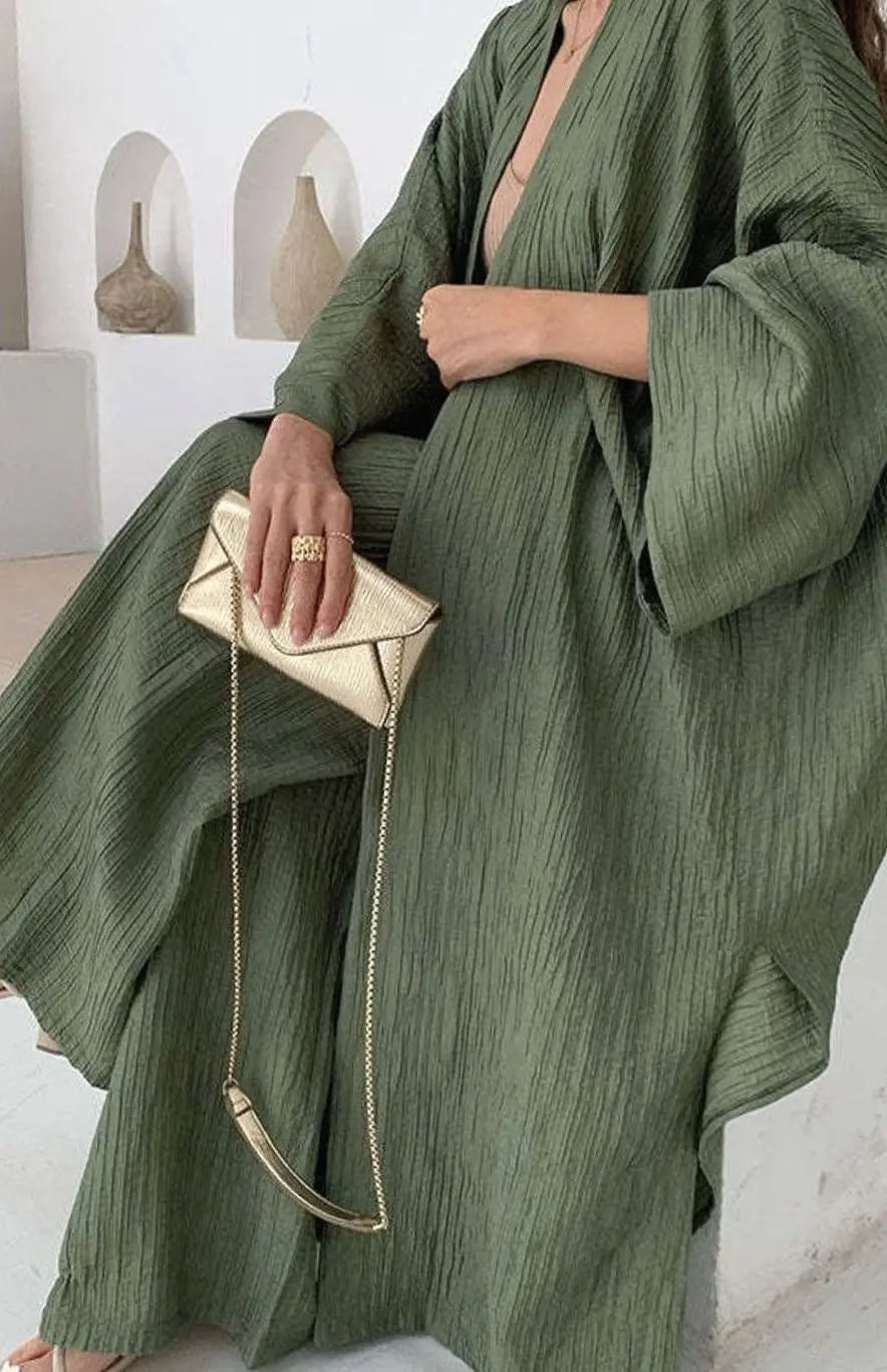 Women's Pleated Kimono Wide-Leg Trouser Two-Piece Set Co Ord