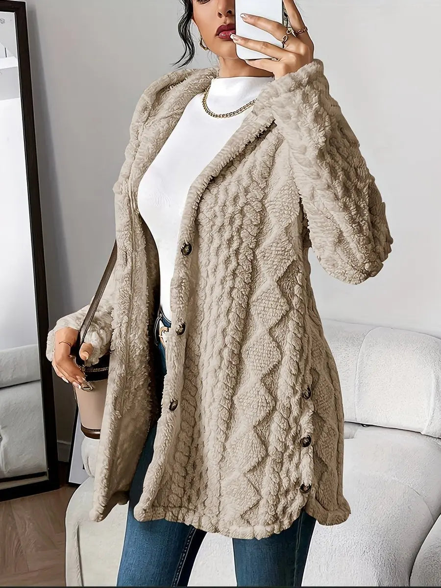 Women's Plush Hooded Button-Front Longline Cardigan