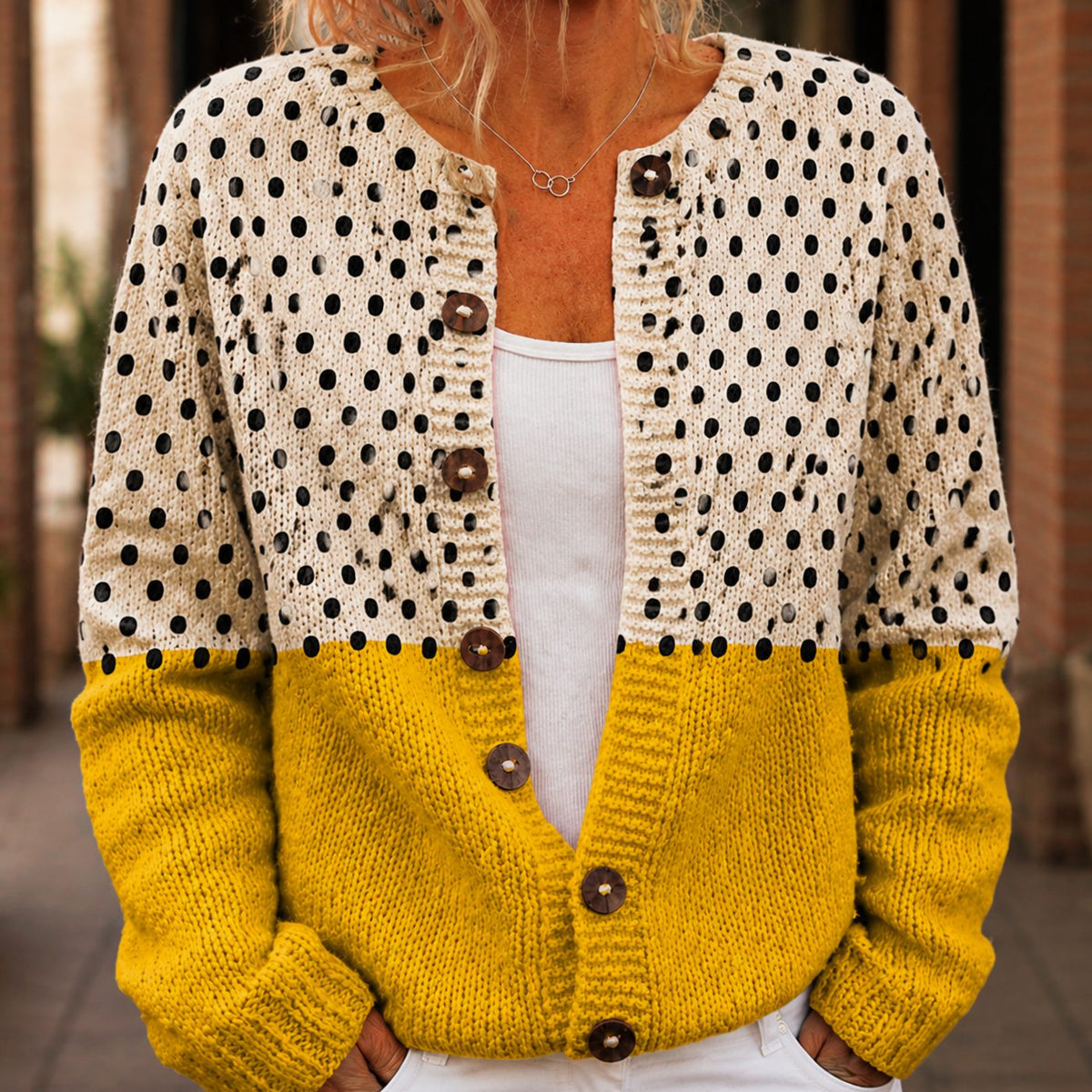 Women's Polka-Dot Colourblock Button-Front Knit Cardigan