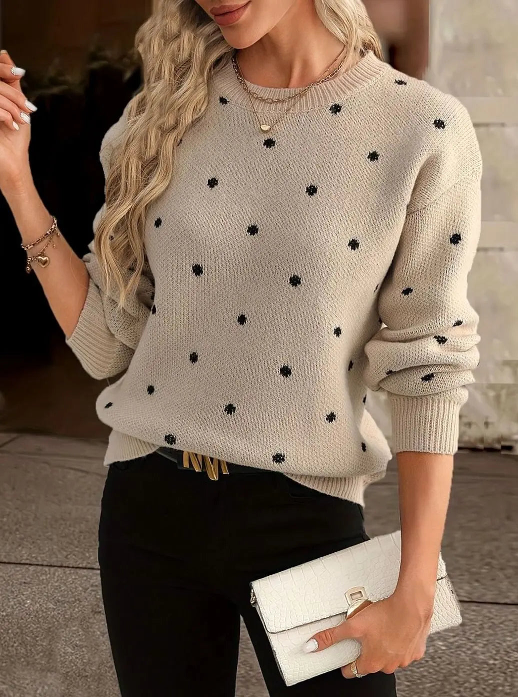 Women's Polka Dot Round-Neck Long-Sleeve Knit Sweater