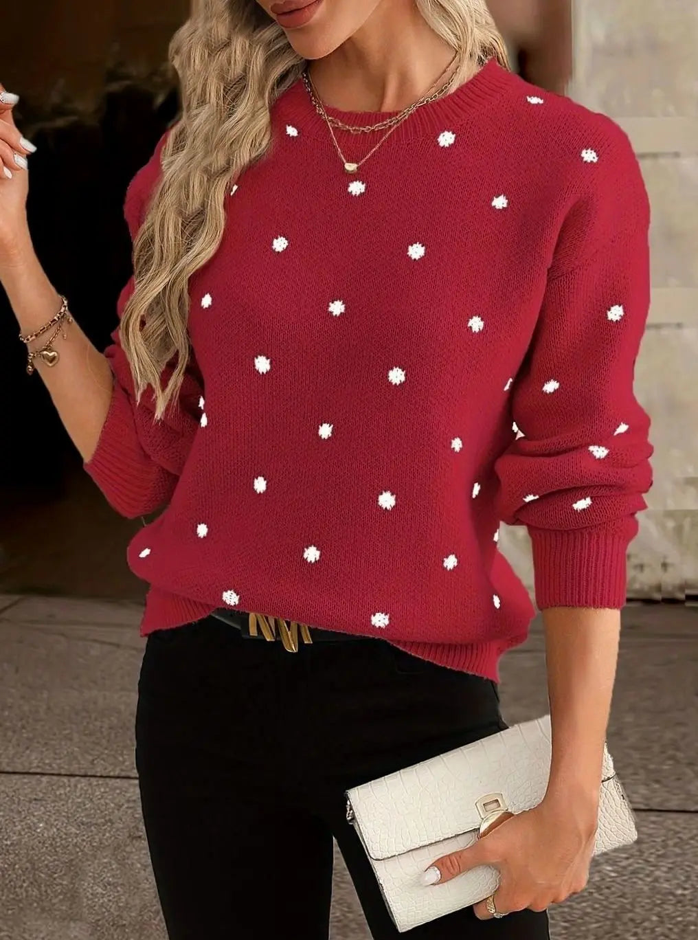 Women's Polka Dot Round-Neck Long-Sleeve Knit Sweater