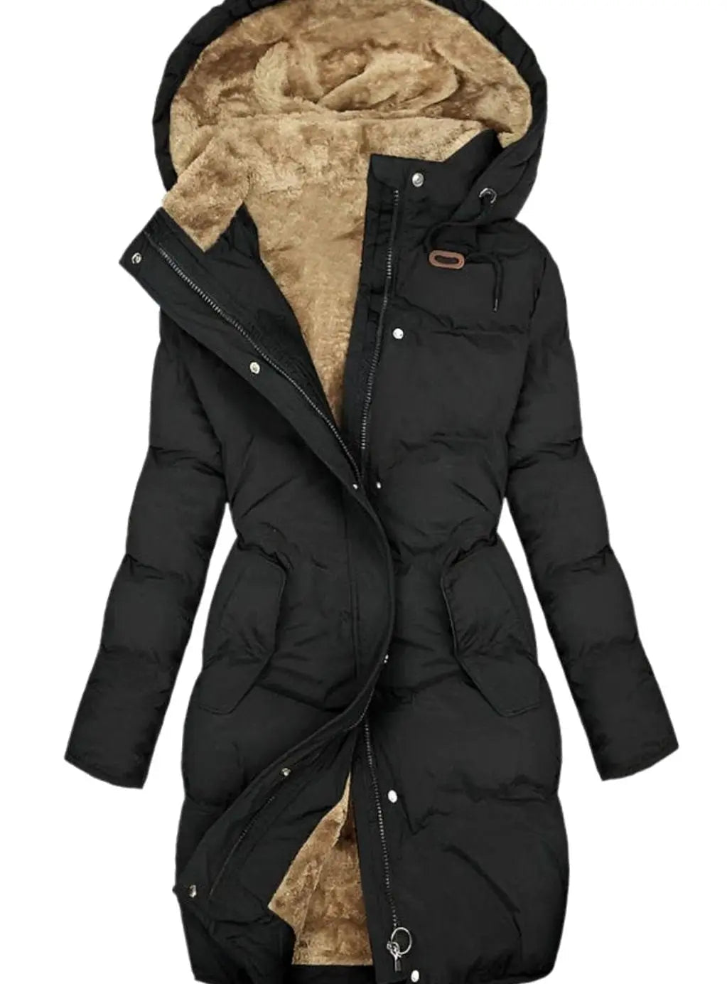 Women's Quilted Fleece-Lined Long Hooded Coat Full-Zip Parka