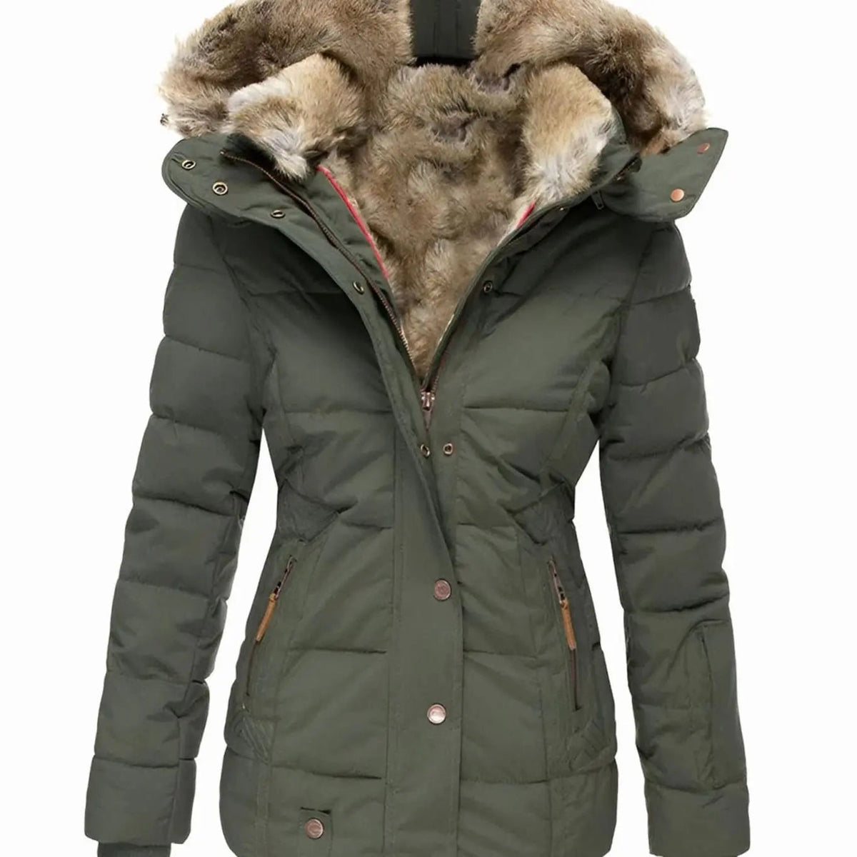 Women's Quilted Hooded Faux Fur Trim Puffer Jacket