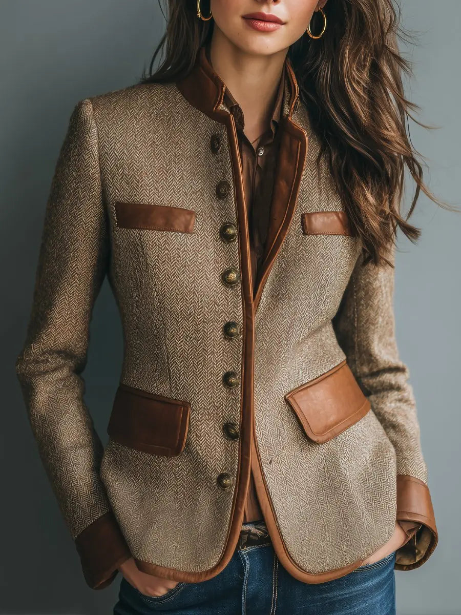 Women's Quilted Jacket Herringbone Tweed Leather-Trim Button-Up Blazer