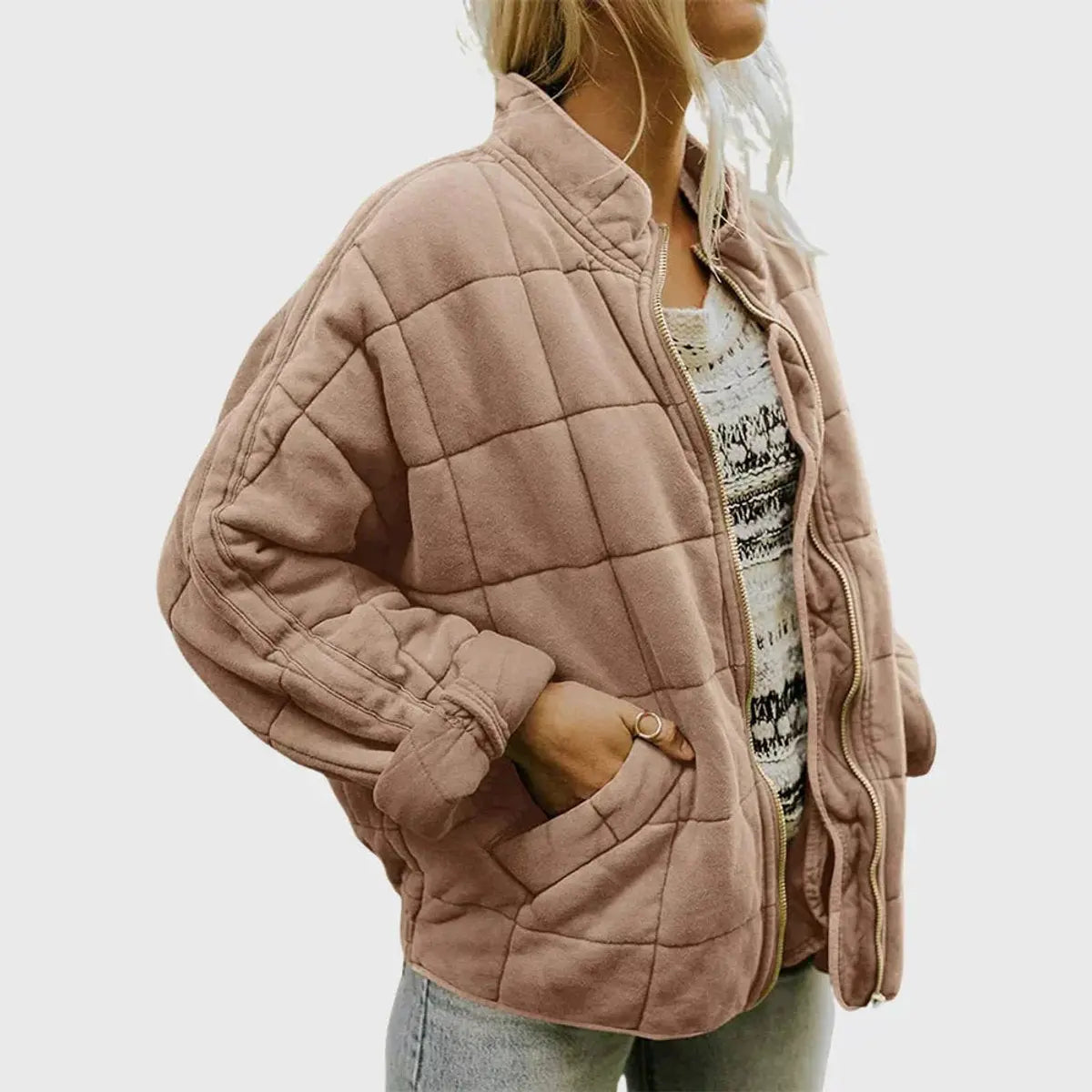 Women's Quilted Jacket Zip-Up Lightweight Stand Collar Padded Coat