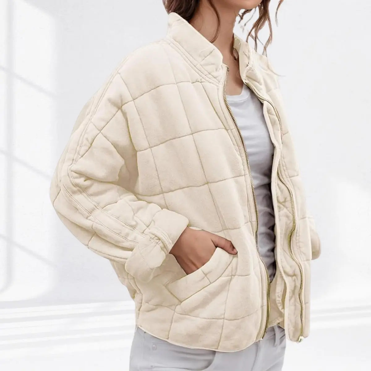 Women's Quilted Jacket Zip-Up Lightweight Stand Collar Padded Coat