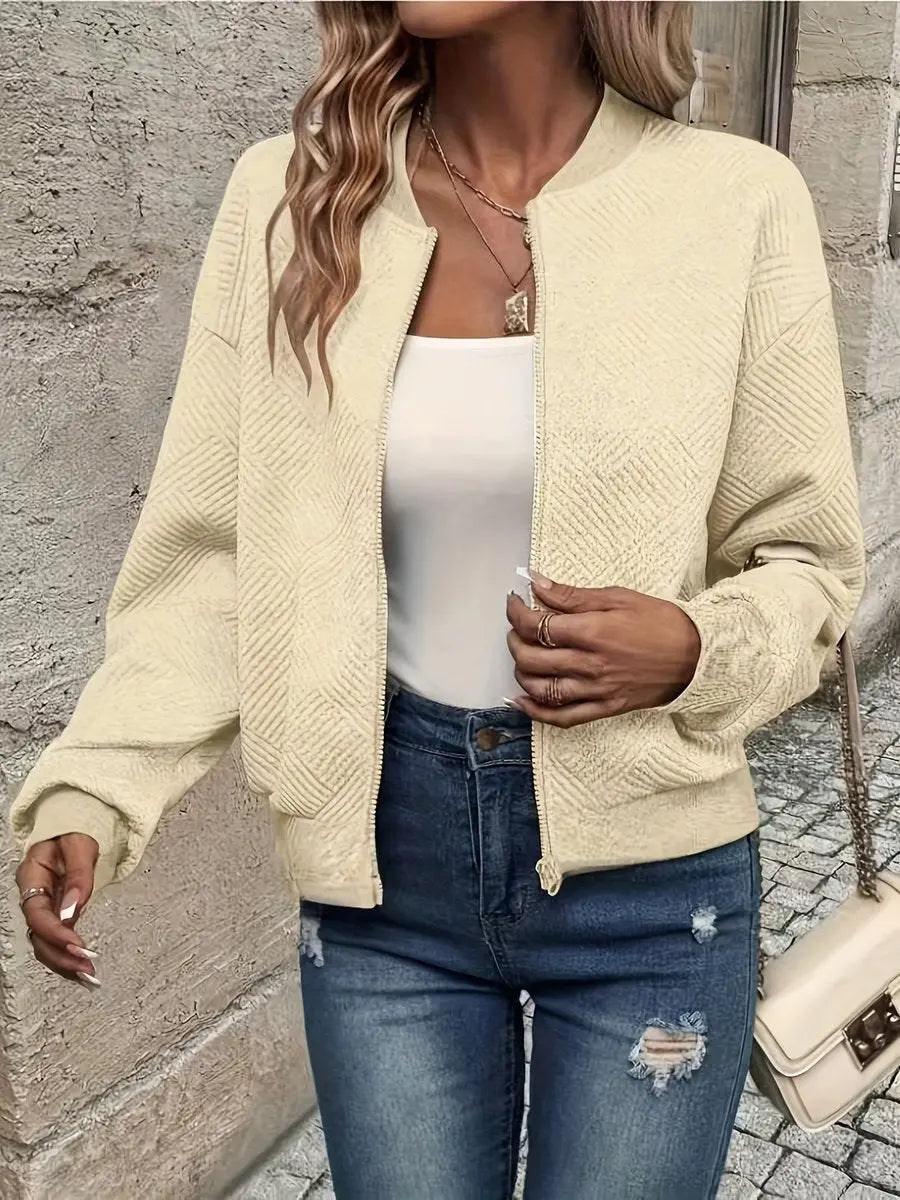 Women's Quilted Jacket Zip-Up Textured Bomber Cropped Sweatshirt