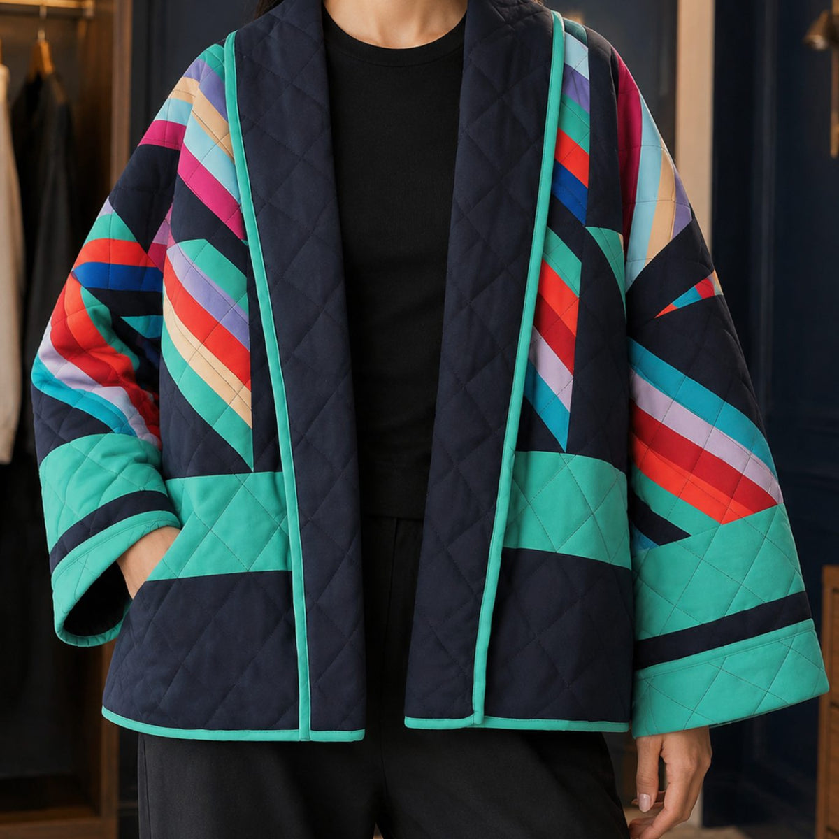 Women's Quilted Open-Front Patchwork Oversized Jacket