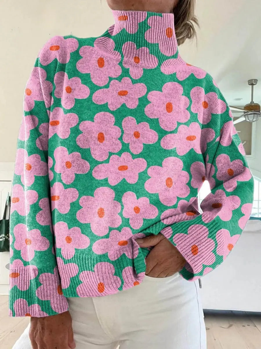 Women's Relaxed-Fit Floral Knit Turtleneck Sweater