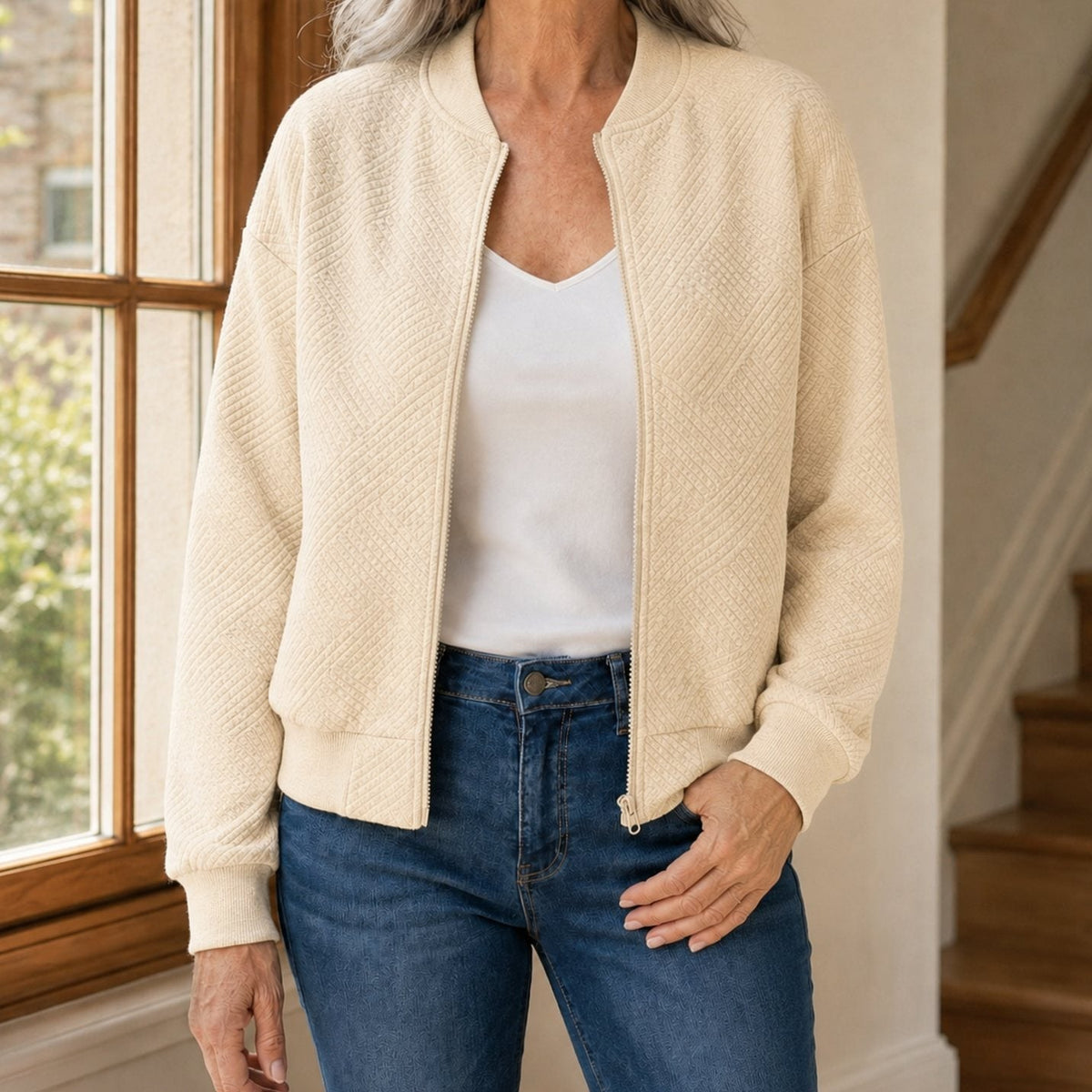 Women's Relaxed-Fit Geometric-Texture Full-Zip Bomber Jacket