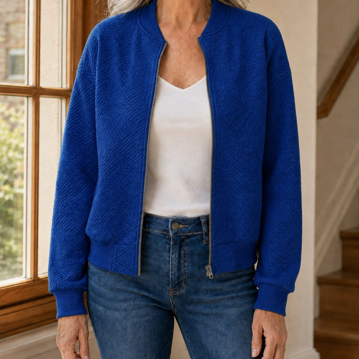 Women's Relaxed-Fit Geometric-Texture Full-Zip Bomber Jacket