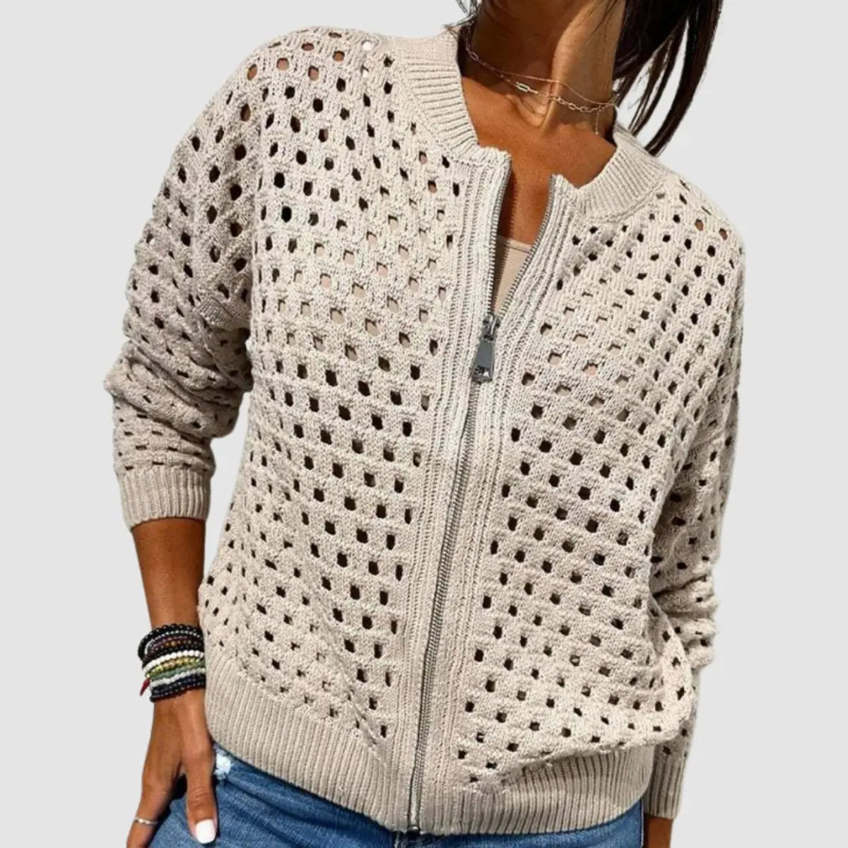 Women's Relaxed-Fit Hollow-Knit Zip-Up Cardigan