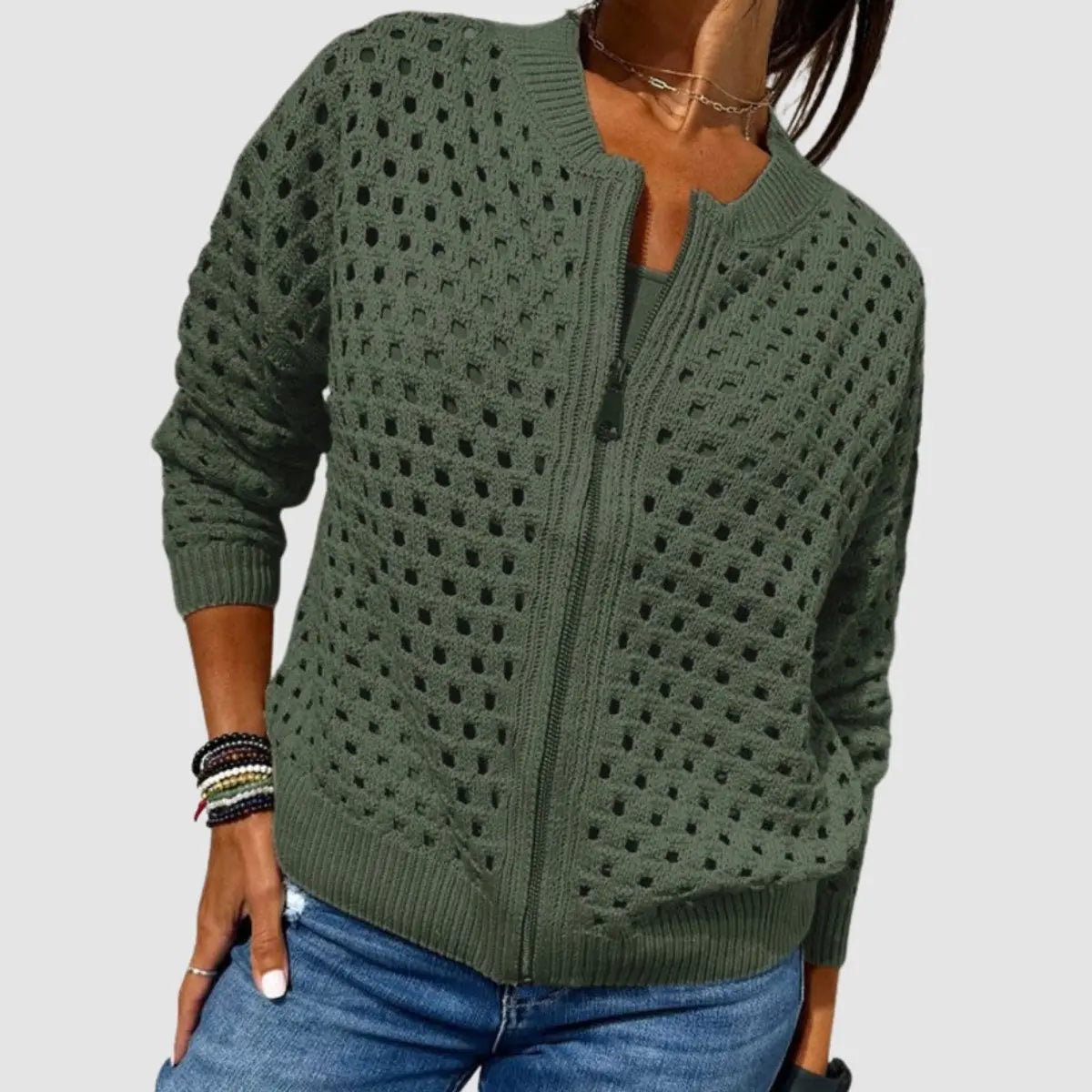 Women's Relaxed-Fit Hollow-Knit Zip-Up Cardigan