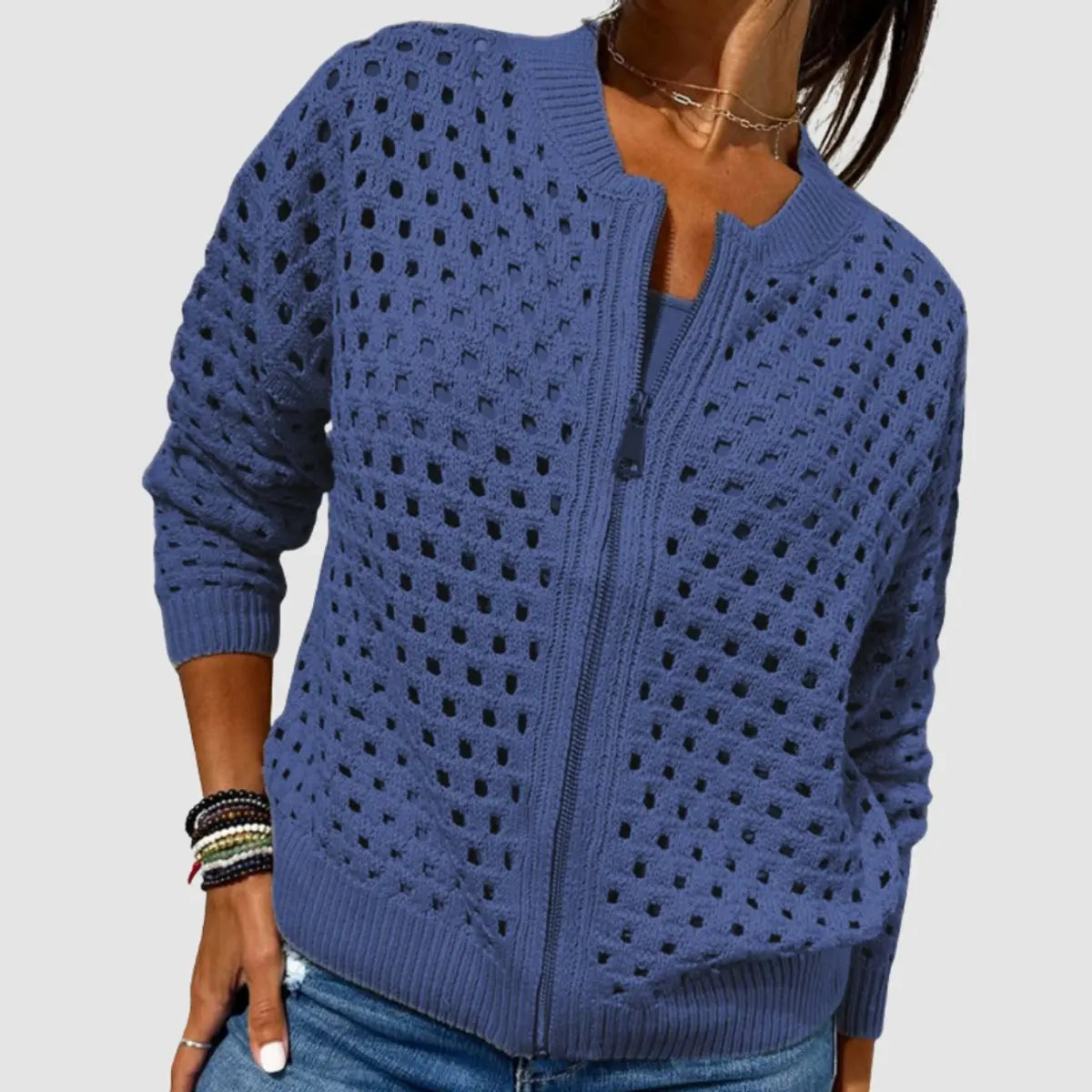 Women's Relaxed-Fit Hollow-Knit Zip-Up Cardigan