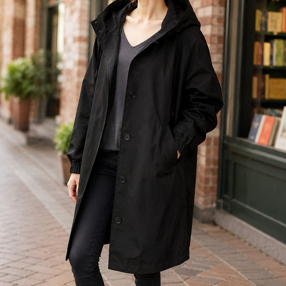 Women's Relaxed-Fit Hooded Overcoat Button-Front Knee-Length