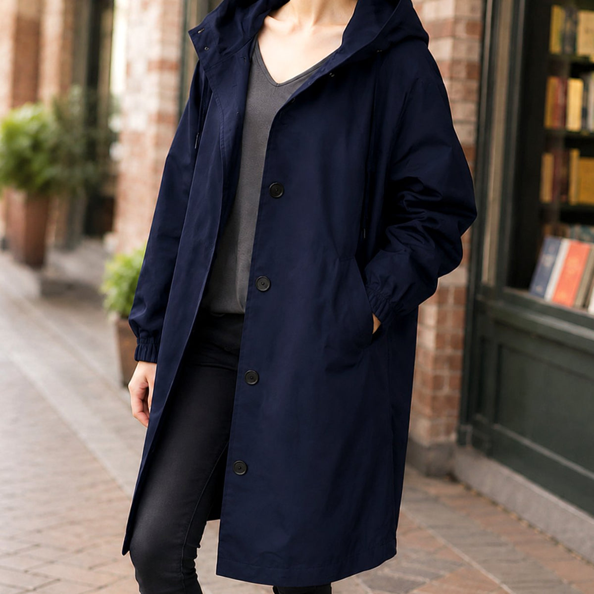 Women's Relaxed-Fit Hooded Overcoat Button-Front Knee-Length