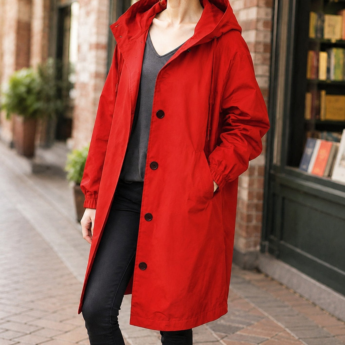 Women's Relaxed-Fit Hooded Overcoat Button-Front Knee-Length