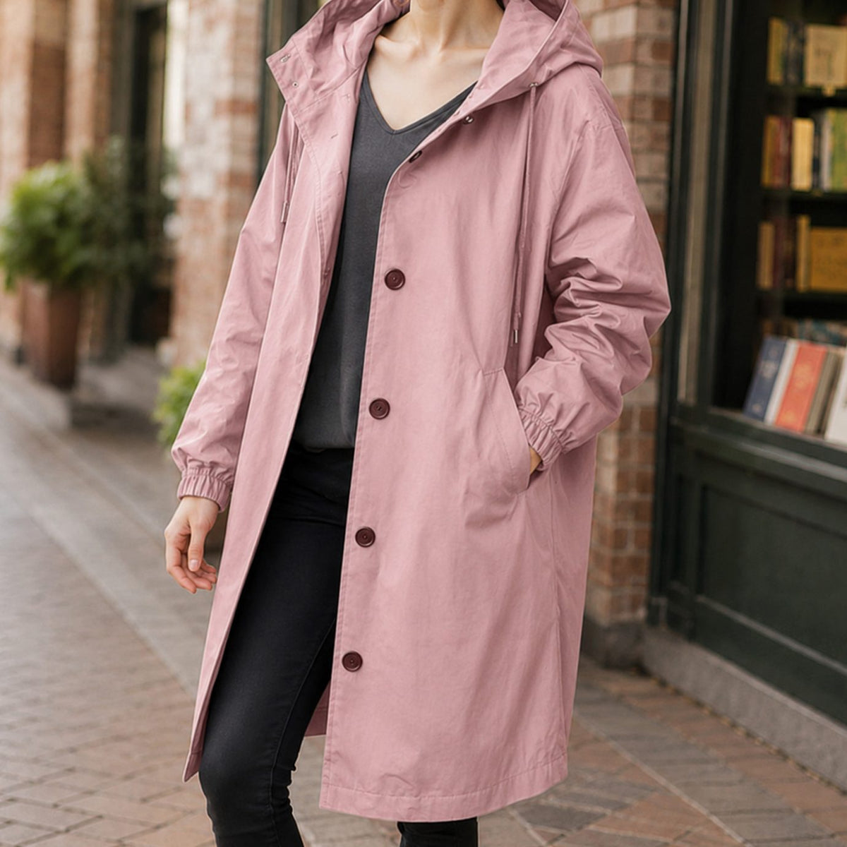 Women's Relaxed-Fit Hooded Overcoat Button-Front Knee-Length