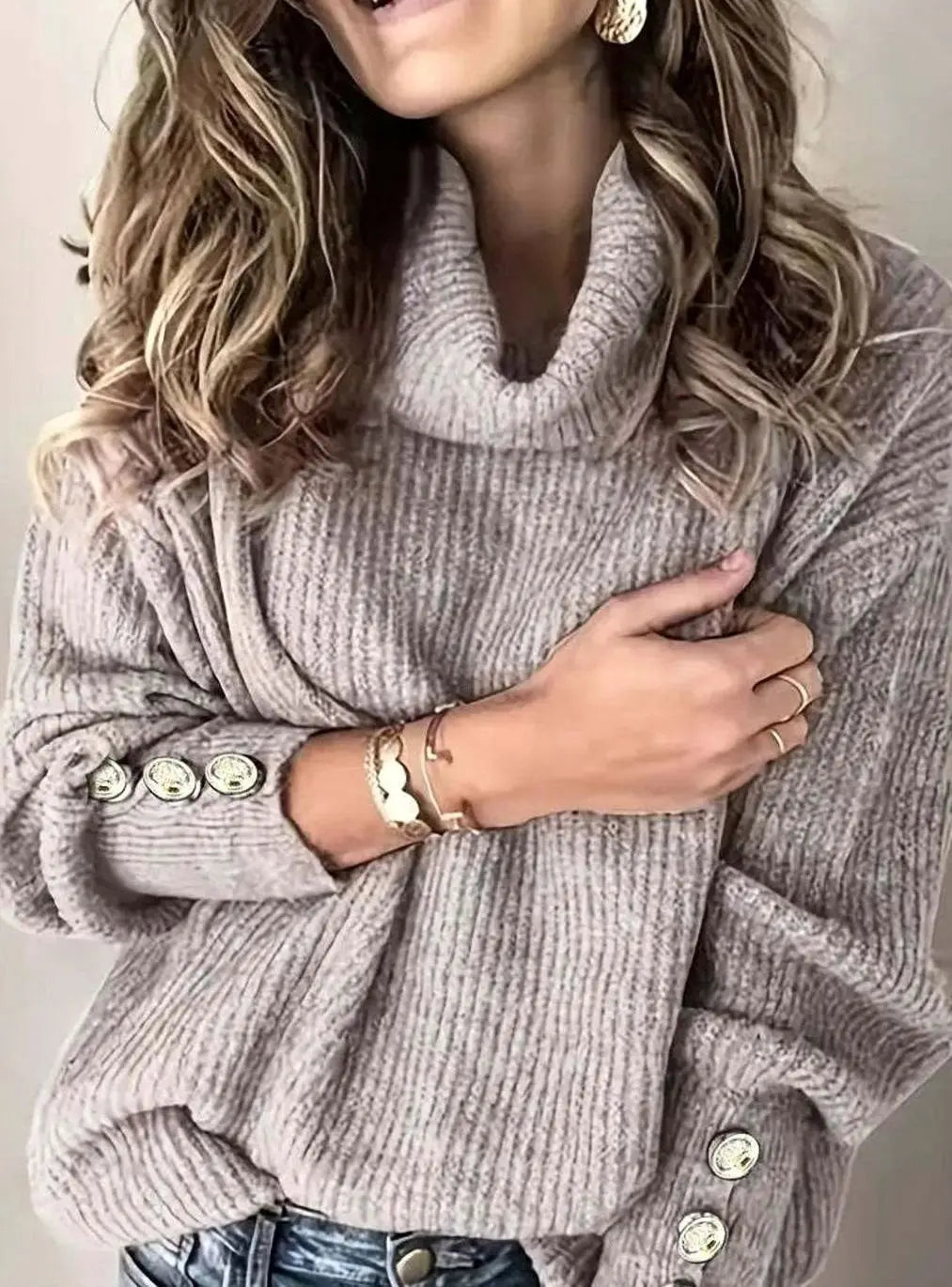 Women's Ribbed Cowl Neck Sweater Button-Cuff Knit Jumper