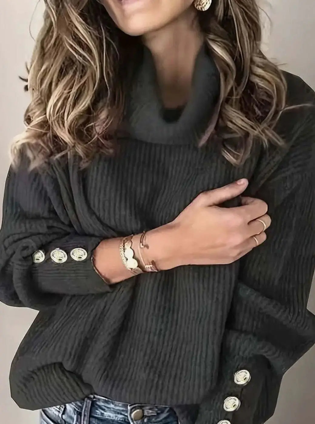 Women's Ribbed Cowl Neck Sweater Button-Cuff Knit Jumper