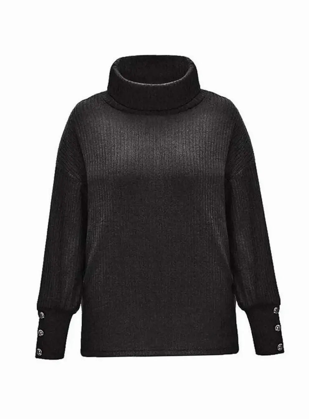 Women's Ribbed Cowl Neck Sweater Button-Cuff Knit Jumper