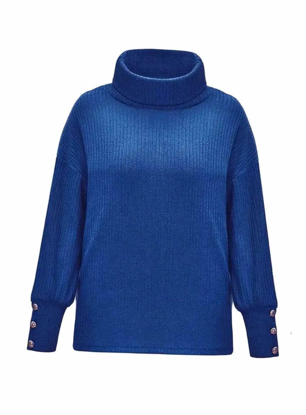 Women's Ribbed Cowl Neck Sweater Button-Cuff Knit Jumper