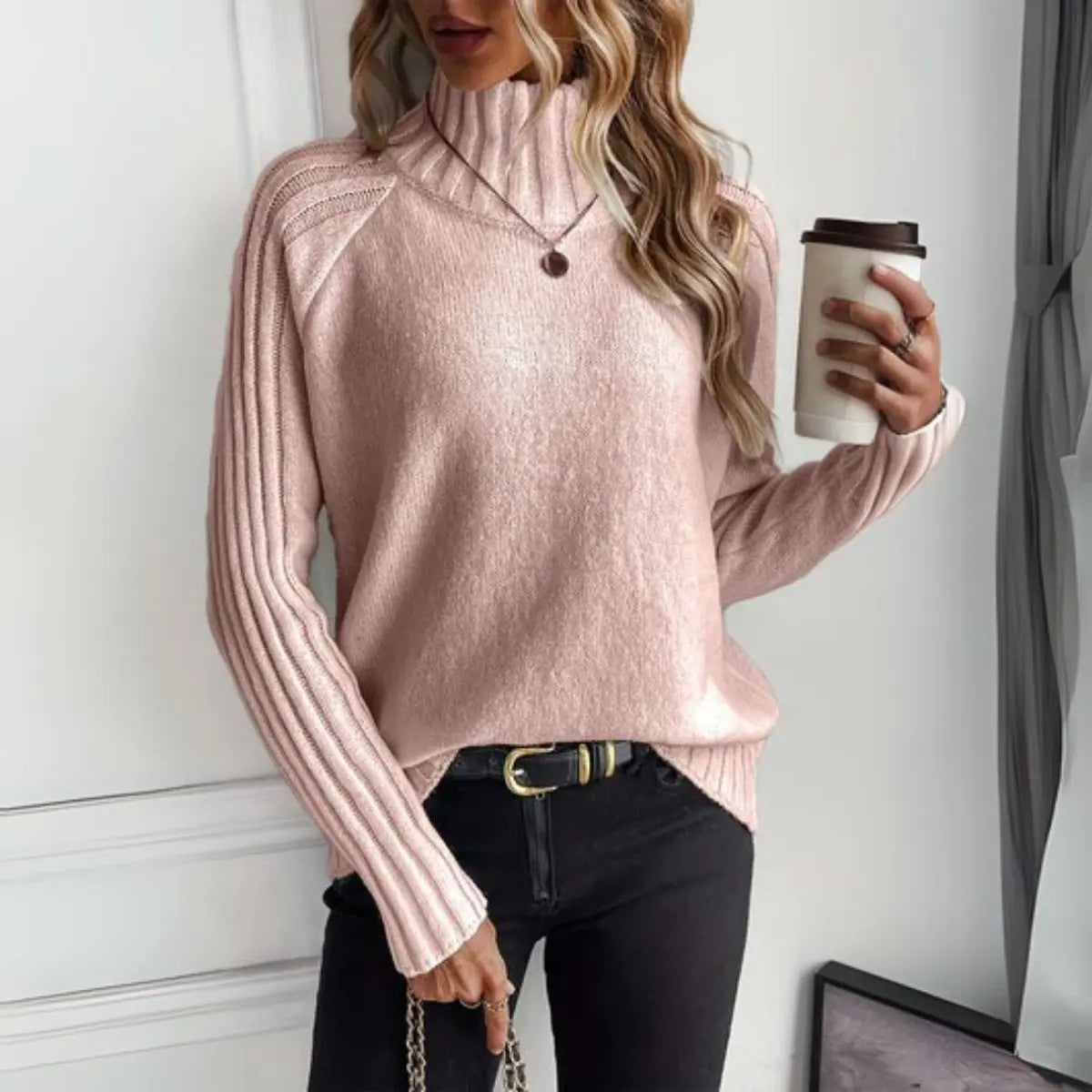 Women's Ribbed Knit Turtleneck Sweater Relaxed Fit Jumper