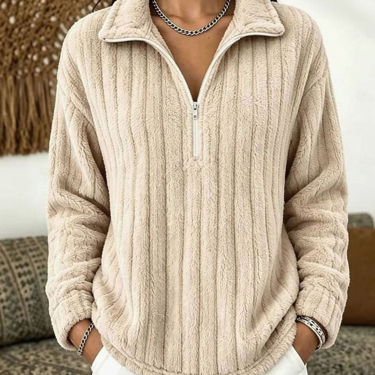 Women's Ribbed Plush Quarter-Zip Fleece Pullover Jumper