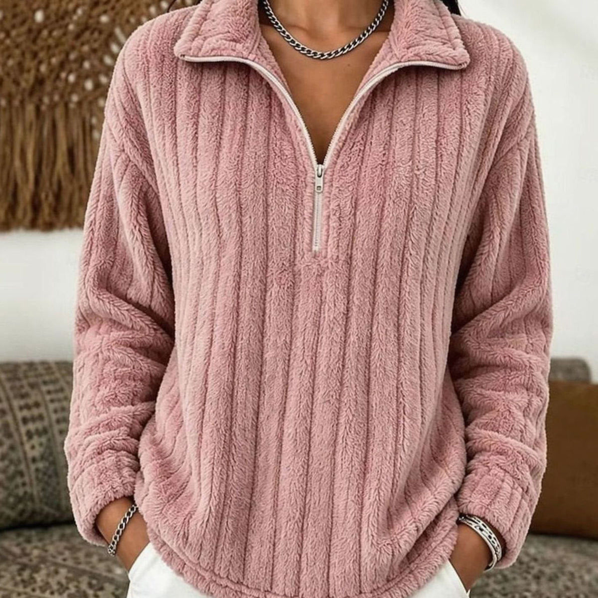 Women's Ribbed Plush Quarter-Zip Fleece Pullover Jumper