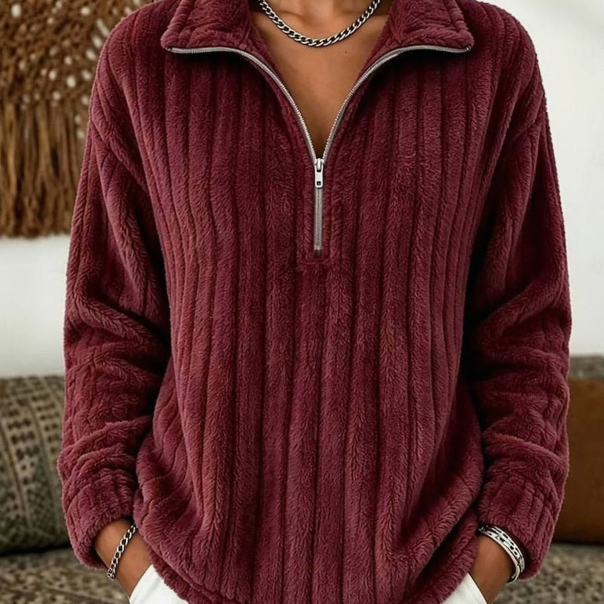 Women's Ribbed Plush Quarter-Zip Fleece Pullover Jumper