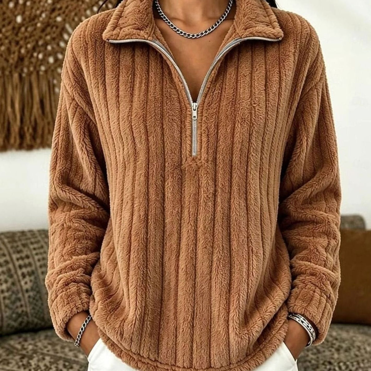 Women's Ribbed Plush Quarter-Zip Fleece Pullover Jumper