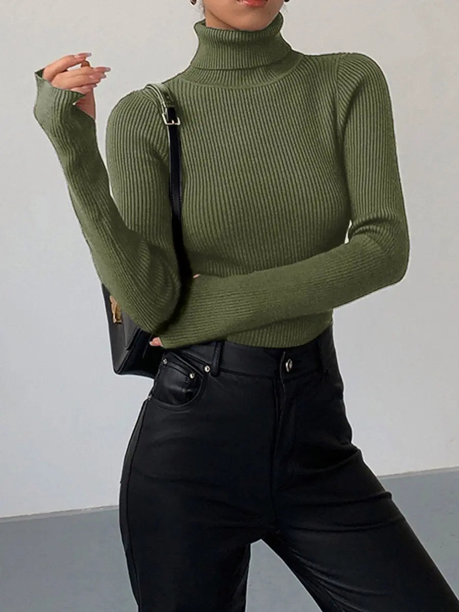 Women's Ribbed Turtleneck Knit Sweater Lightweight Transitional