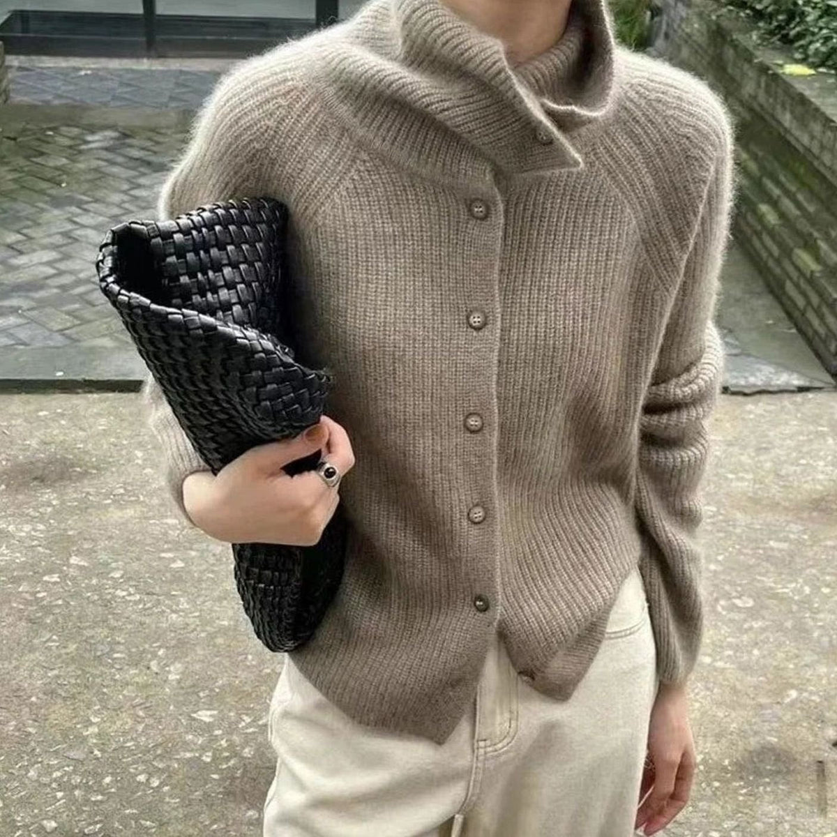 Women's Roll Neck Button-Front Knit Cardigan Jumper