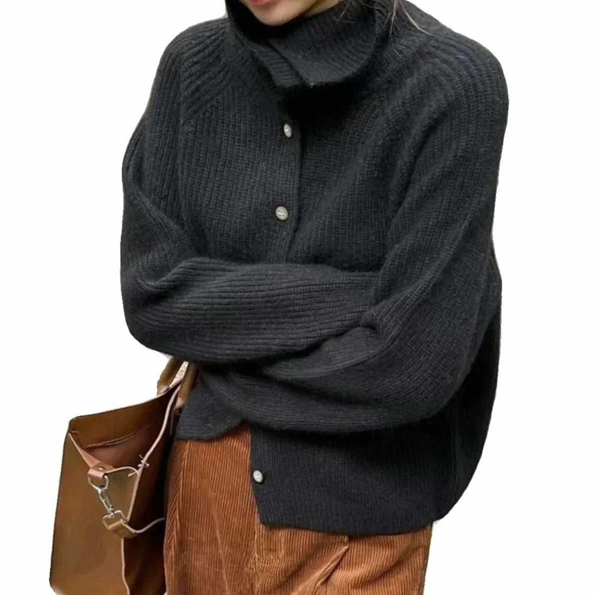 Women's Roll Neck Button-Front Knit Cardigan Jumper