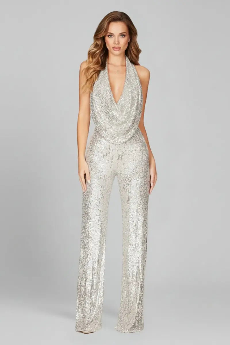 Women's Sequin Halter-Neck Cowl Wide Leg Pants Jumpsuit
