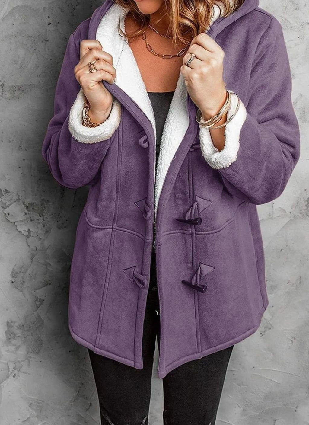 Women's Sherpa-Lined Hooded Duffle Coat Toggle Buttons