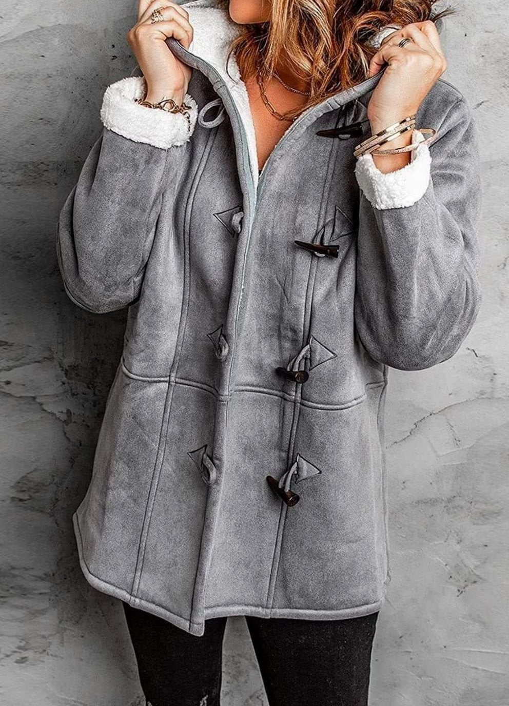 Women's Sherpa-Lined Hooded Duffle Coat Toggle Buttons