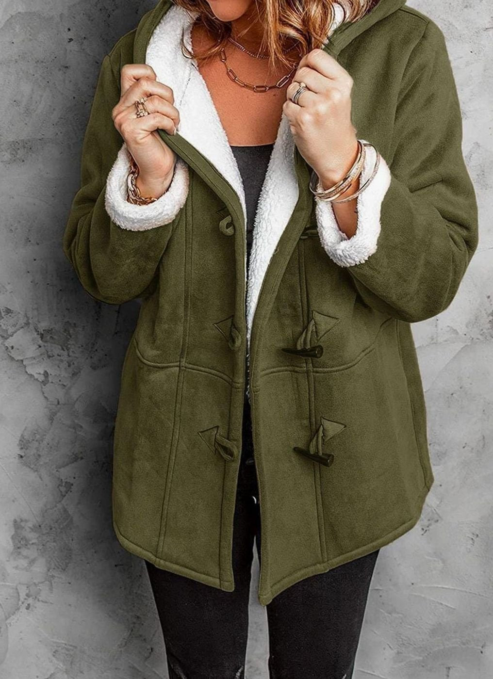 Women's Sherpa-Lined Hooded Duffle Coat Toggle Buttons