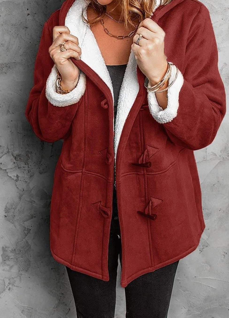 Women's Sherpa-Lined Hooded Duffle Coat Toggle Buttons