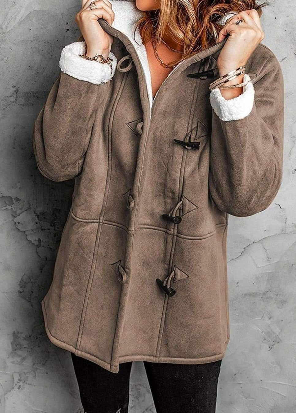 Women's Sherpa-Lined Hooded Duffle Coat Toggle Buttons
